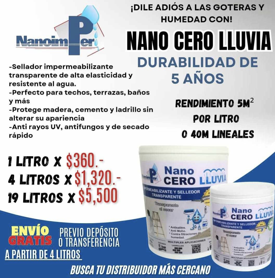 Producto Nano Cero Lluvia impermeabilizante y sellador transparente de Nanoimper